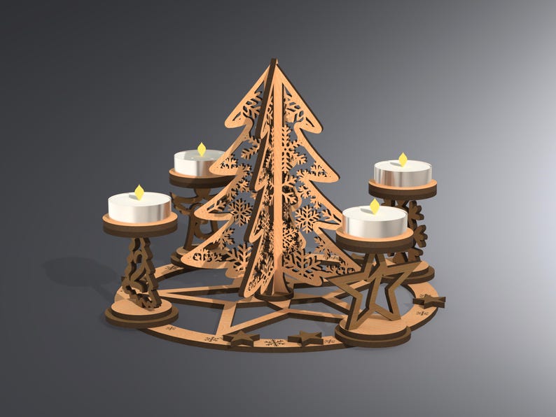 May include: Wooden Christmas tree-shaped candle holder with four white candles. The tree has snowflake cutouts and sits on a base with star and circle cutouts. The candles are on small wooden stands. The overall color is brown.