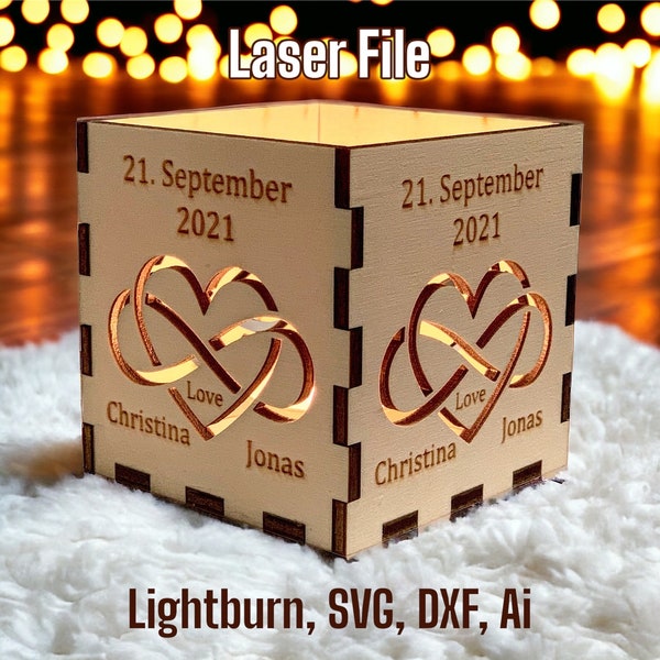 Fichier laser Lanterne Amour Saint-Valentin Fichier Lanterne Lanterne SVG Glowforge Bougeoir en bois DXF Ai Vector Téléchargement numérique