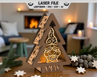 Laser file Christmas Laser Cut File Christmas tree tealight holder gnome LED light SVG file DXF template Christmasdeco Xmas decoration winter