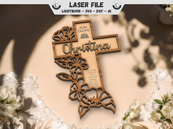 Kreuz für Taufe Laserdatei Kommunion Laser Cut File Konfirmation Personalisiertes Geschenk SVG Schnittdatei Lasercut DXF Datei Taufgeschenk