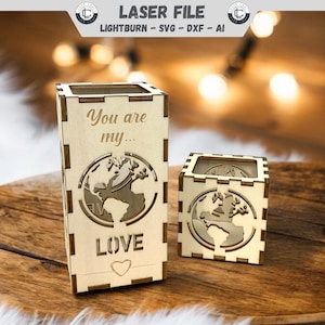 Plik laserowy latarnia ziemia miłość zestaw ślub walentynki plik latarnia SVG Glowforge drewniany świecznik DXF AI wektor Digital Download