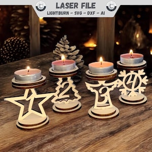Plik wycinany laserowo świąteczny wieniec adwentowy Tealight Holder Set plik Świecznik Christmas SVG, Glowforge drewniany świecznik, DXF, AI