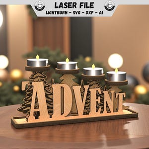 May include: A wooden Advent candle holder with four lit candles. The word "ADVENT" is cut out of the wood, with a Christmas tree design on either side of the letters. The text "LASER FILE" is in the top right corner.