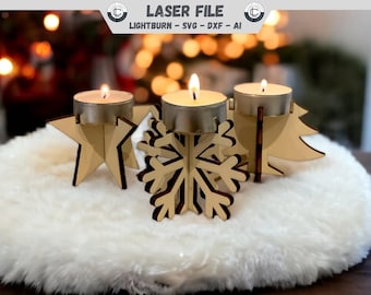 Laser File Christmas Candles Tealight Holder Set File Candle holder Christmas SVG, Glowforge Wooden Candle Holder, DXF, Ai, Digital Download