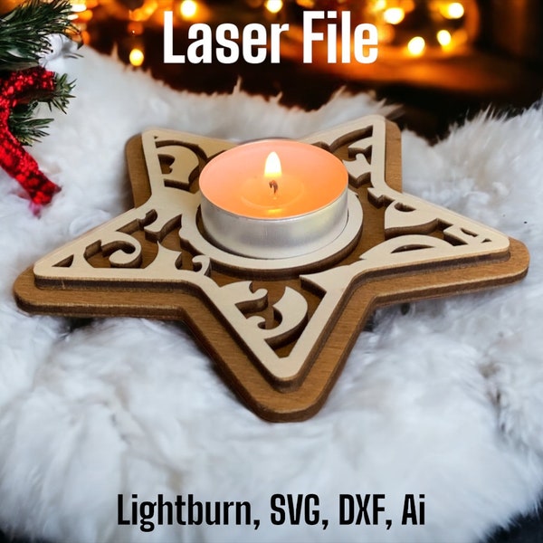 Fichier laser Bougies étoiles de Noël Photophore Fichier Bougeoir Noël SVG Glowforge Bougeoir en bois DXF Ai Téléchargement numérique