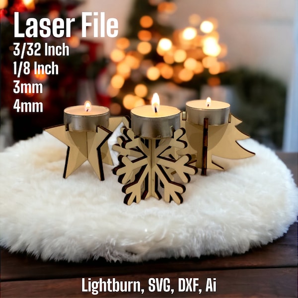 Fichier laser Bougies de Noël Photophore Set Fichier Bougeoir Noël SVG, Glowforge Bougeoir en bois, DXF, Ai, Téléchargement numérique