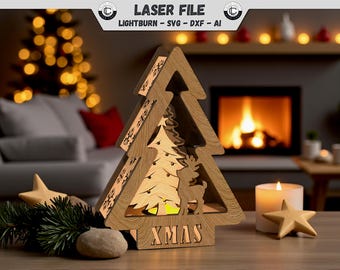 Laser cut file Christmas reindeer laser cut file Christmas tree tealight holder LED light SVG file DXF template Christmas decoration Xmas decor