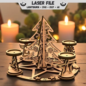 May include: A wooden Christmas tree-shaped candle holder with snowflake cutouts and four candle holders. The base features star and snowflake cutouts. The text "LASER FILE" and "LIGHTBURN - SVG - DXF - AI" are visible.