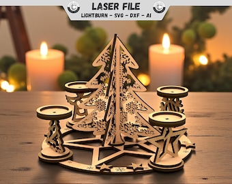 May include: A wooden Christmas tree-shaped candle holder with snowflake cutouts and four candle holders. The base features star and snowflake cutouts. The text "LASER FILE" and "LIGHTBURN - SVG - DXF - AI" are visible.