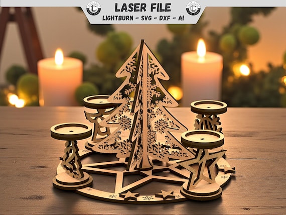 Adventkranz Laserdatei Teelichthalter Laser Cut File Weihnachten Dekoration Advent Kranz 3D Weihnachtsbaum Ornament DXF Template SVG Deco