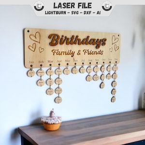 Verjaardagskalender Laserbestand Verjaardagsherinnering Lasergesneden bestand Familiekalender en vrienden SVG-bestand DXF Ai Direct downloaden