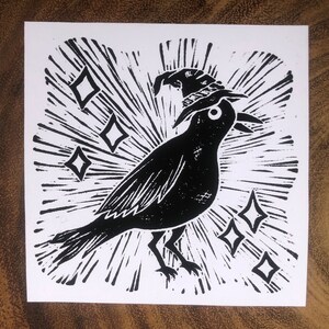 Witches familiar Crow with Witch hat Hand printed Linocut print Altar card