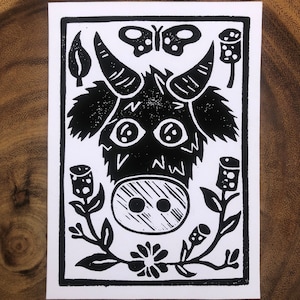 Ferdinand the bull and his Flowers Hand printed Linocut print Childhood Folk art