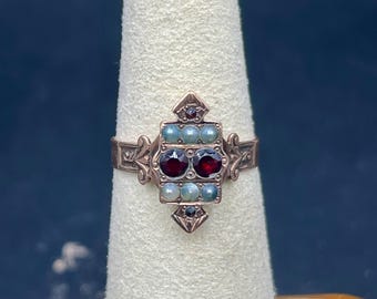 Authentic Victorian 10K Gold Garnet & Seed Pearl Shield Ring – Circa 1880 Size 5.5