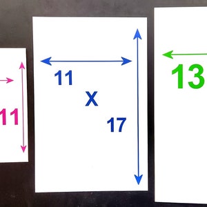 Puede incluir: Tres hojas de papel blancas con medidas escritas en ellas. La hoja de papel m&aacute;s peque&ntilde;a mide 8 1/2 pulgadas por 11 pulgadas. La hoja de papel del medio mide 11 pulgadas por 17 pulgadas. La hoja de papel m&aacute;s grande mide 13 pulgadas por 19 pulgadas.