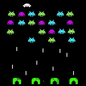 May include: A pixelated image of a classic arcade game with the text "QUICK I NEED A QUARTER?". The game features rows of colorful alien-like creatures in green, purple, and blue, with a green base and white lines representing laser fire.