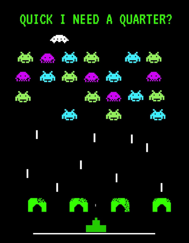 May include: A pixelated image of a classic arcade game with the text "QUICK I NEED A QUARTER?". The game features rows of colorful alien-like creatures in green, purple, and blue, with a green base and white lines representing laser fire.