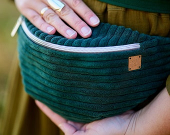 Green hip pouch, corduroy upcycled fanny pack, unique waist bag for women, luxury zero waste eco-fashion belt bag