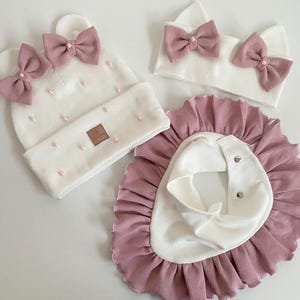 Princess Set: Hat with ears, bows and beads + scarf with frill + headband with ears and bows
