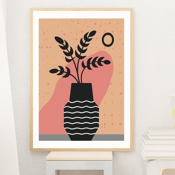 Unique Peach Orange Vase Plant Printable Wall Art, Colorful Digital Print Blue boho decor bohemian print kitchen aesthetic Retro Pink