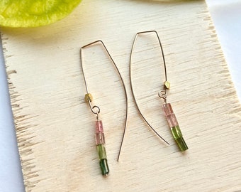 Pink & Green Tourmaline Gemstone Dangle Earrings w/ 14K Gold Filled wire, 2in., Beautiful natural gemstones, Boho Spring Crystal Pastel Sage