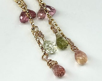 Beautiful Long Tourmaline earrings, 14K Gold Filled chain, dangle/drop Multicolor pink green purple dainty gemstone gifts boho valentine's