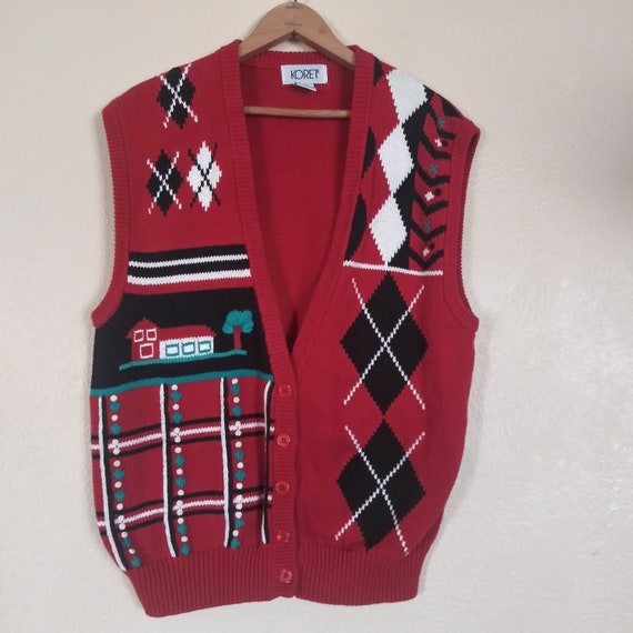 Vintage Koret Red Farmhouse Scene Sweater Vest Wo… - image 1