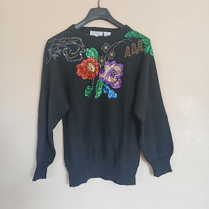 Vintage JJ. Fargo Black Sweater with Floral Sequins Women's Large