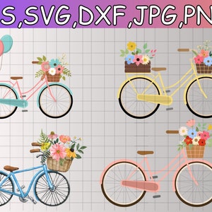 花柄自転車クリップアート セット | サイクル内の花 SVG | 花 SVG Cricut | 花 SVG | 花付き自転車 | 花かご自転車 PNG