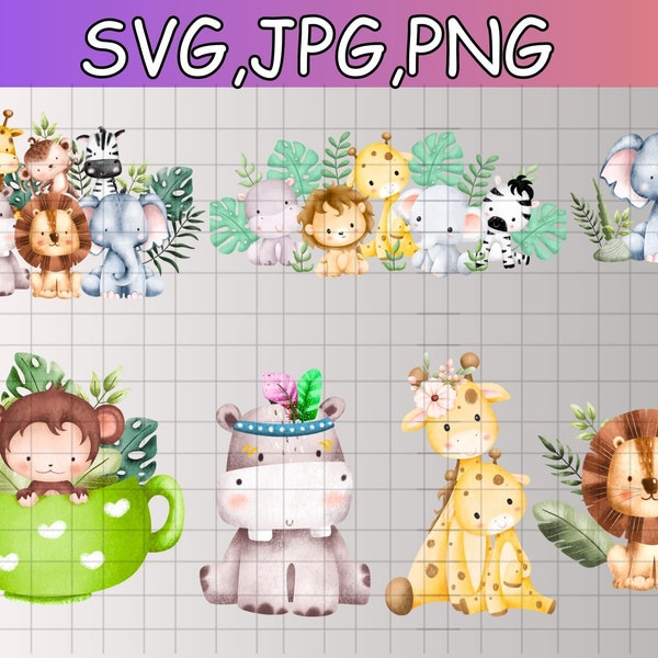 Safari Animals SVG| Safari Svg| Watercolor Safari Animals Clipart| Cute Baby Safari Animals Clipart PNG| Jungle Clipart| Animal SVG