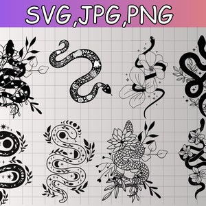 Snake svg bundle| Floral snake svg| Celestial snake svg| Snake with flowers svg| Mystical snake svg| Instant Download