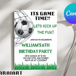 Cartão de convite de futebol, modelos de convite de futebol, modelo de convite de aniversário de futebol, cartão de aniversário personalizado, convites editáveis
