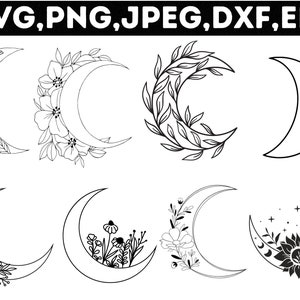 Pacote svg de lua floral/lua celestial svg png/lua crescente svg/lua de flor svg/boho svg/lua svg/flor svg/arquivo de corte de lua/arquivos de corte