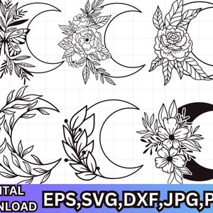 Floral Moon Svg\ Crescent moon with flower svg\ Celestial Floral Moon\ Moon Svg\ Boho Moon Svg\ Silhouette\ Vector image\ Png\Eps