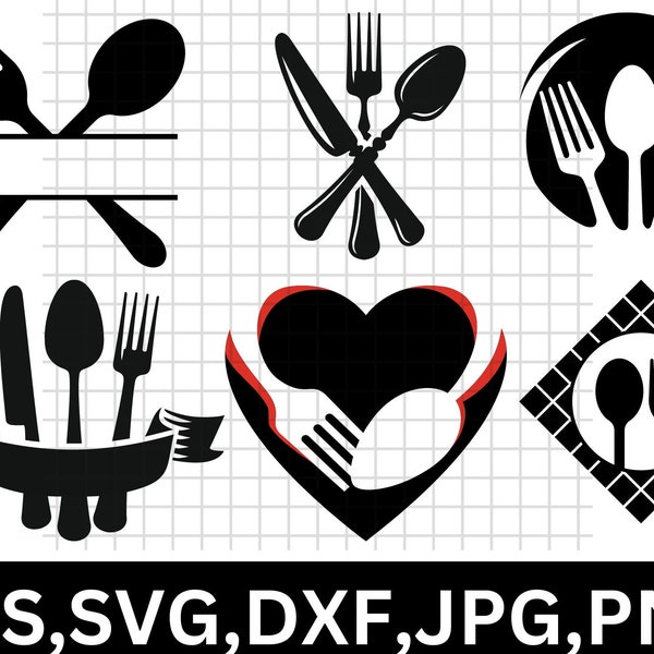 Cutlery Monogram SVG Bundle\ Cutlery Silhouette Bundle SVG\ Fork Bundle\ Restaurant Equipment SVG\ Clip Art\ Fork Spoon and Knife monogram