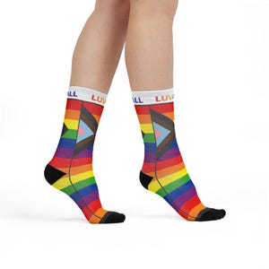 レインボーLGBTQ+プライドソックス カラフルクルーソックス、楽しいクィアアパレル、仲間へのギフト、フェスティバルウェア2025