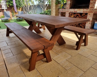 Beautiful, Solid and Rustic Alfresco Treated Pine Tables and Bench Seats - Merbau Coloured