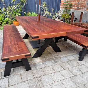 Beautiful, Solid and Rustic Alfresco Jarrah Timber Tables and Bench Seats