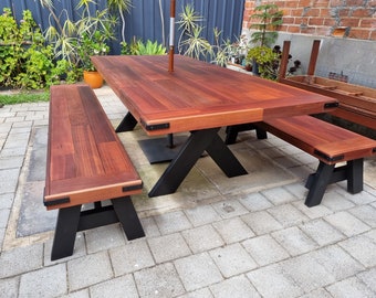 Beautiful, Solid and Rustic Alfresco Jarrah Timber Tables and Bench Seats