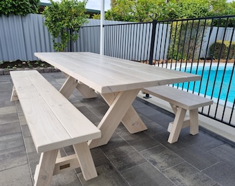 Beautiful, Solid and Rustic Alfresco Treated Pine Tables and Bench Seats - Whitewashed