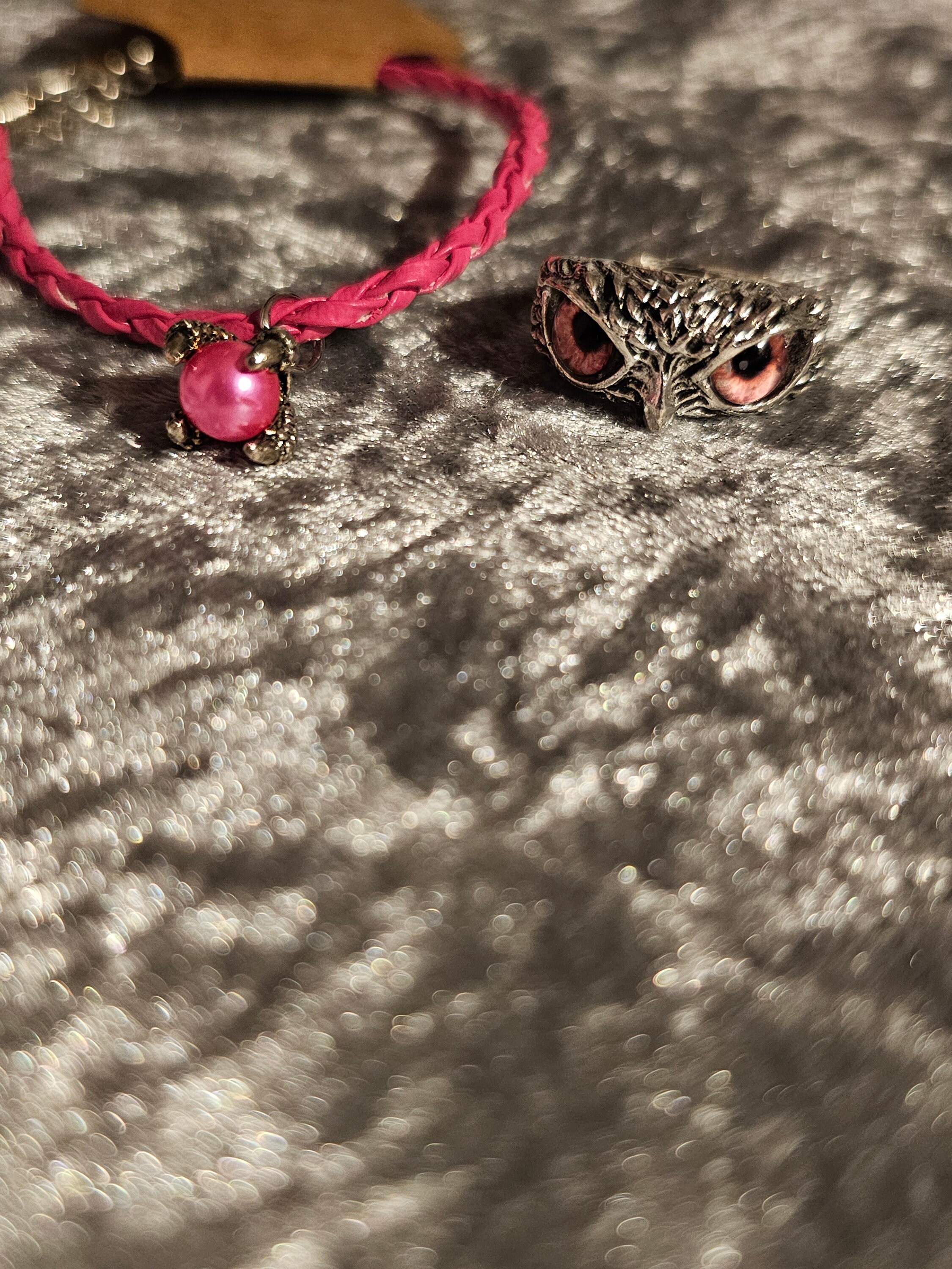 Pink Claw/talon bracelet and owl eye ring set