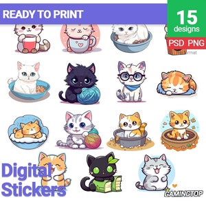 Puede incluir: Un conjunto de 15 diseños de pegatinas digitales con adorables gatos de dibujos animados en varias poses. Los gatos están representados en diferentes colores y estilos, algunos sosteniendo objetos como hilo o tazas. El texto dice "READY TO PRINT" y "15 diseños".