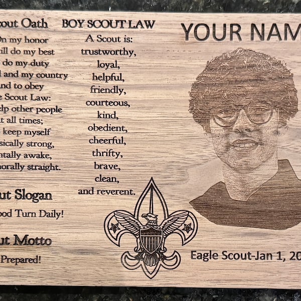 Engraved Eagle Scout Keepsake with Your Scout's Photo, Name & Date, Scout Oath, Law, Slogan and Motto on 1/8" Black Walnut.  5"x7"