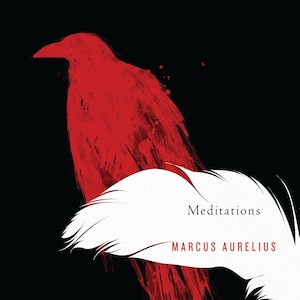 Puede incluir: Una pintura abstracta de un pájaro en rojo y blanco con el texto "Meditaciones" y "MARCUS AURELIUS" sobre un fondo negro. El texto "MODERN LIBRARY" está en la esquina inferior izquierda.