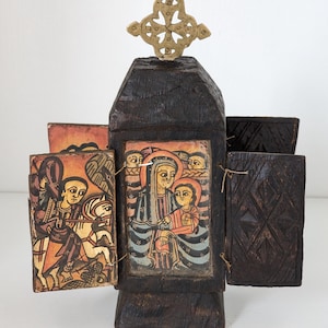 Ethiopisch-orthodoxe houten drieluik icoon handgeschilderde religieuze kunst kruis heiligdom