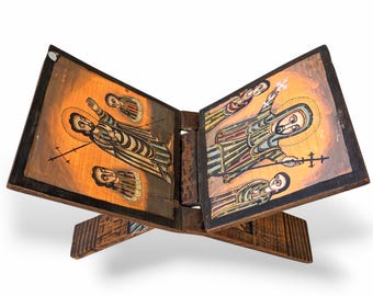 Vintage Ethiopian Orthodox Bible Stand | Hand Painted Wooden Book Rest Lectern