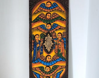 Ethiopian Orthodox Wooden Icon | Hand Painted Angels with Carved Inset Pendant 17.5"
