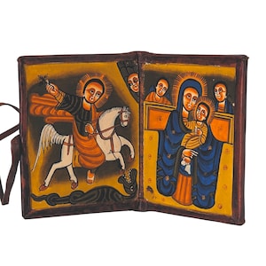 Ethiopian Orthodox Folding Icon Leather Case Hand Painted Christian Parchment Art
