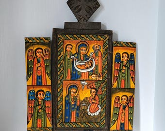 Ethiopian Orthodox Triptych Icon Hand Painted Wood Folding Doors Coptic Christian Art