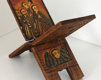 Hand Carved Ethiopian Bible Stand, Folding Wooden Atranous, Coptic Cross Lectern
